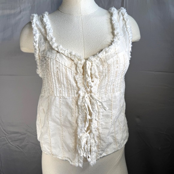 Zara Tops - ZARA Women Cream Eyelet Tie Front  Ruffle Trim Sleeveless Top‎ Size S Chic